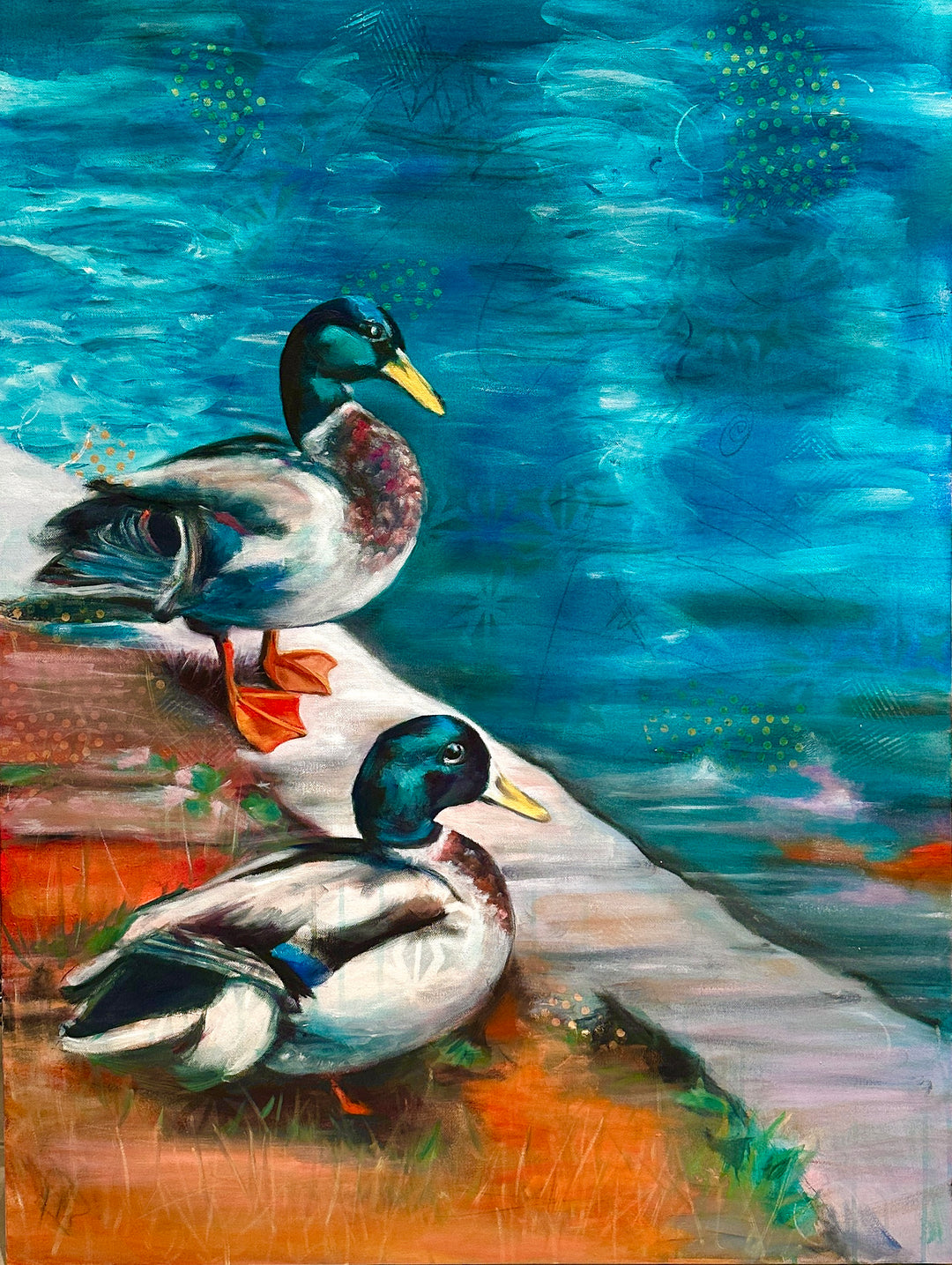 Two ducks on a wooden dock with a blue water background
