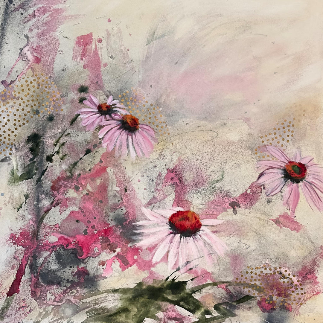 Abstract art with pink flowers on a textured background
