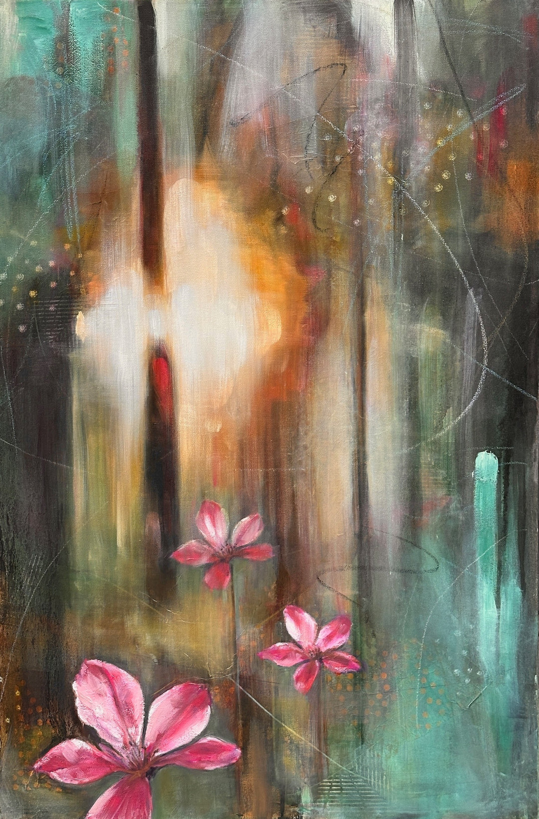 Abstract painting with pink flowers and a blurred forest background