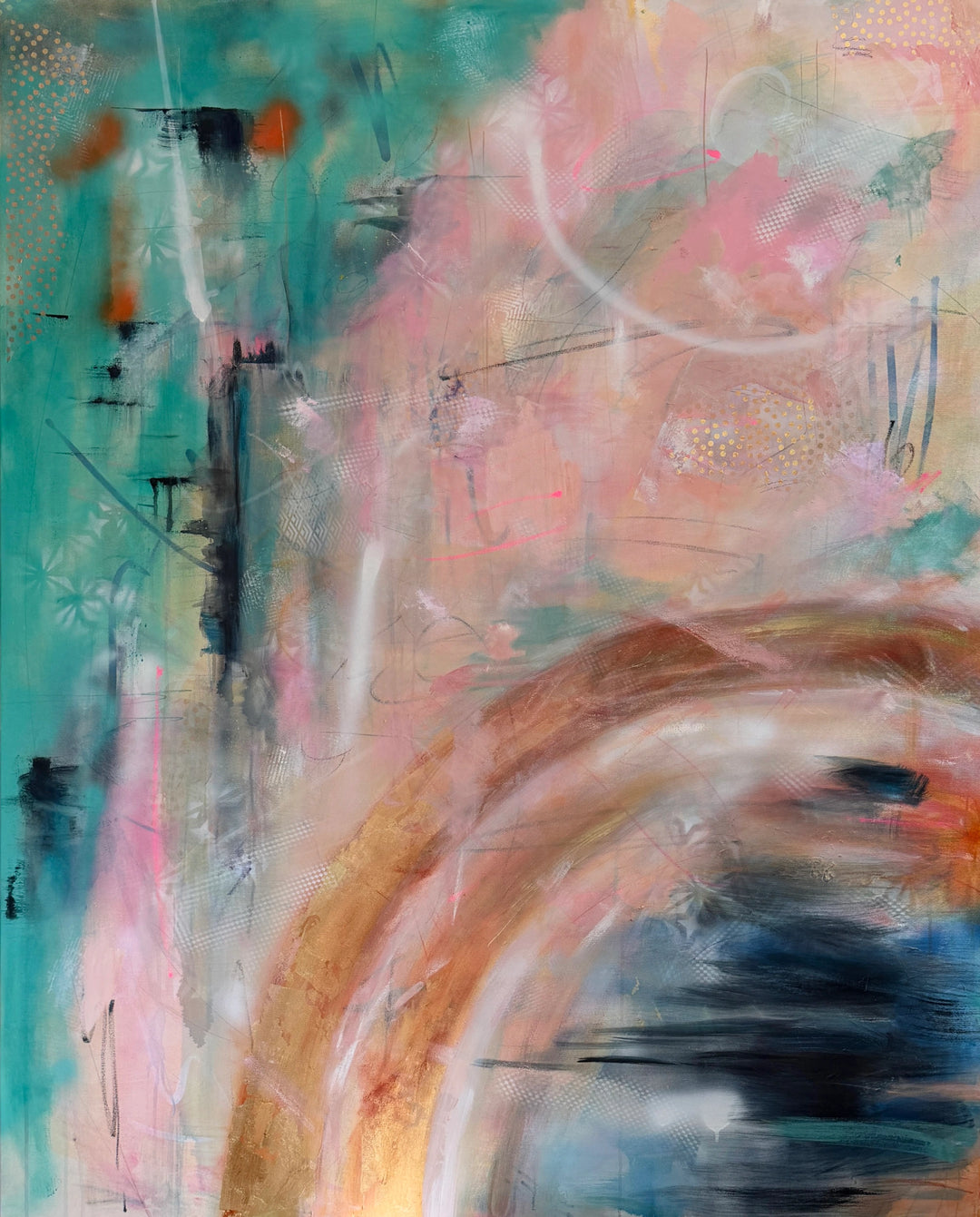 Abstract artwork with a mix of pink, blue, and orange colors.