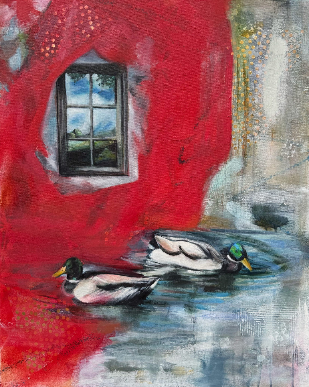 Two ducks in a pond with a red background and window in the background