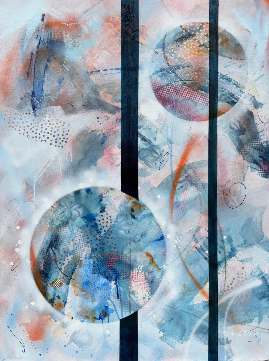 Abstract art piece with circular patterns and navy vertical stripes