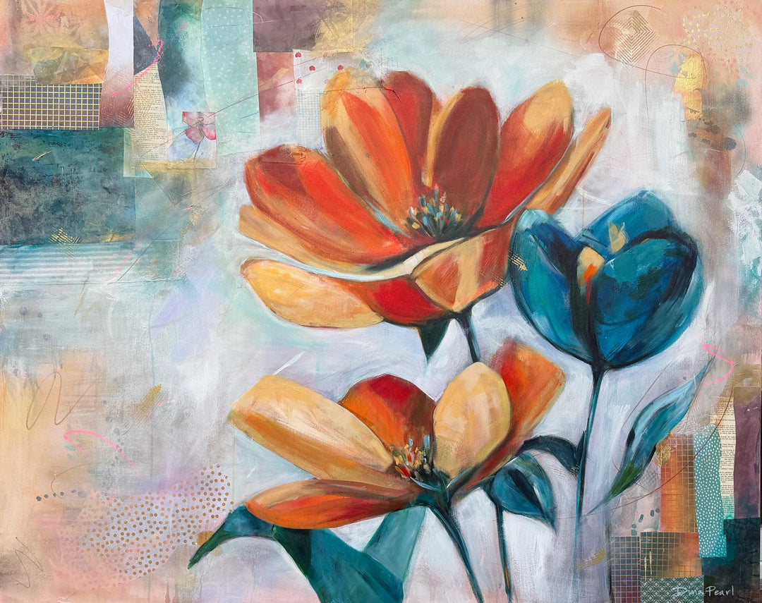 Abstract artwork with colorful flowers on a textured collage background