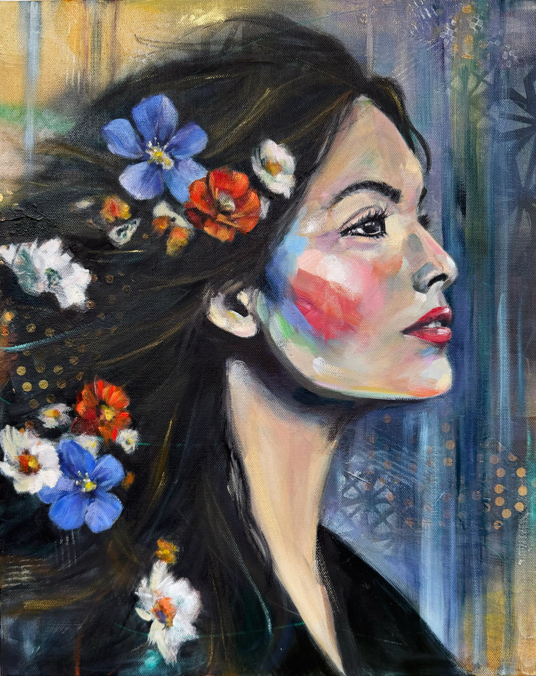 Artistic depiction of a woman's profile with flowers in her hair against a colorful abstract background
