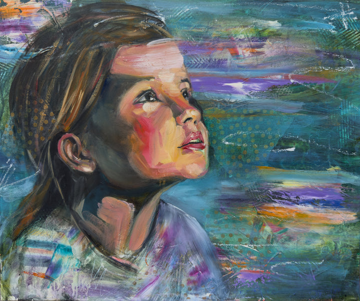 Abstract painting of a child's profile with colorful brush strokes