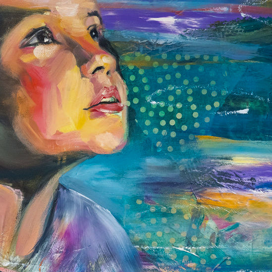 Abstract painting of a girls's face with colorful background